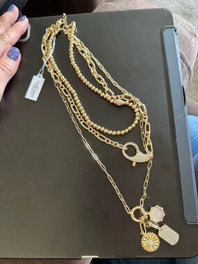 Aspen Park Lane Layered Gold Charm Necklace with Mixed Chains. 3 in 1 necklace